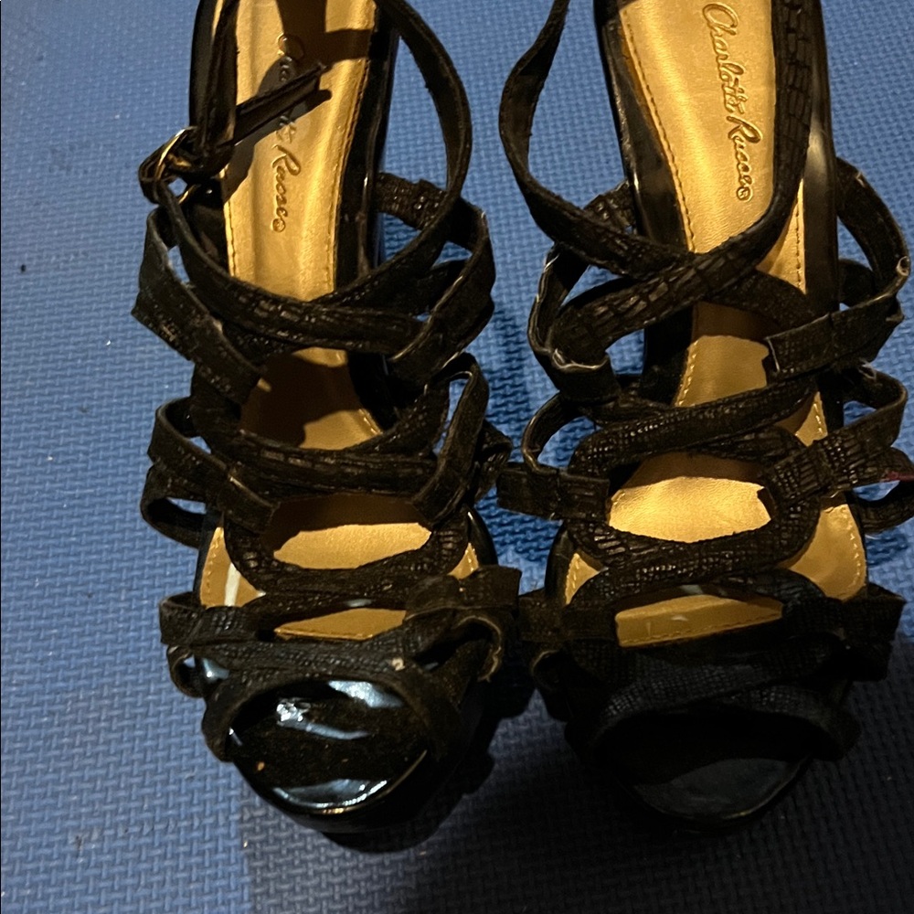 Charlotte Russe Black Textured Heels used size 8 with a lot of straps,